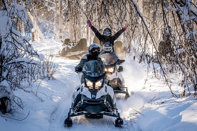 Full Day Snowmobile Rental Image 1 a man riding on top of a snow covered forest